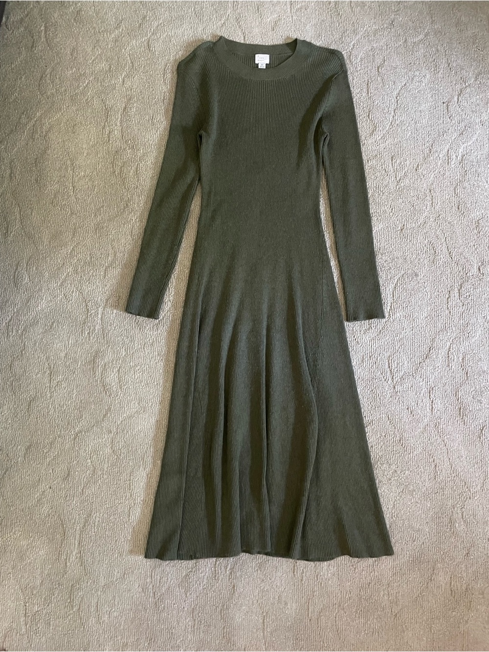Long Sleeve Ribbed sweater Midi Dress - Olive Green